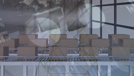 animation of statistics processing over cardboard boxes on conveyor belts