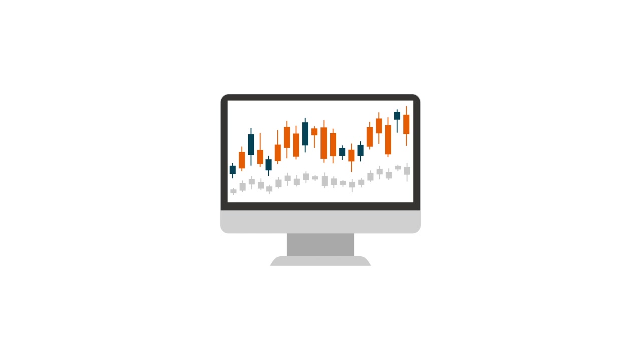 Animated Computer Monitor Displaying Candlestick Chart