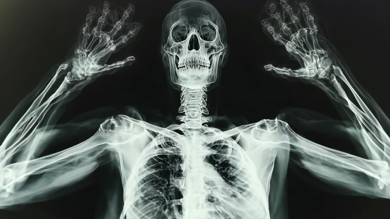 un esqueleto con los brazos extendidos en el aire