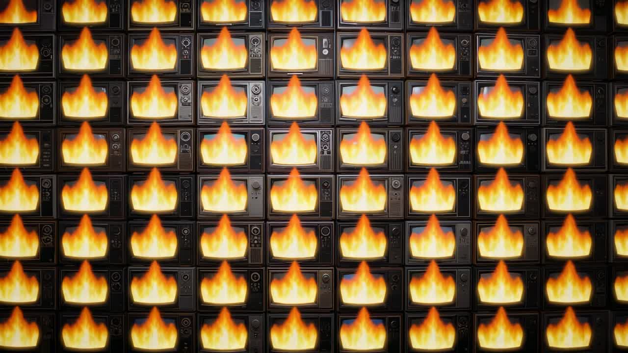 En væg af stablede CRT-fjernsyn afspiller animerede flammer i et galleri, med synkroniseret afspilning.