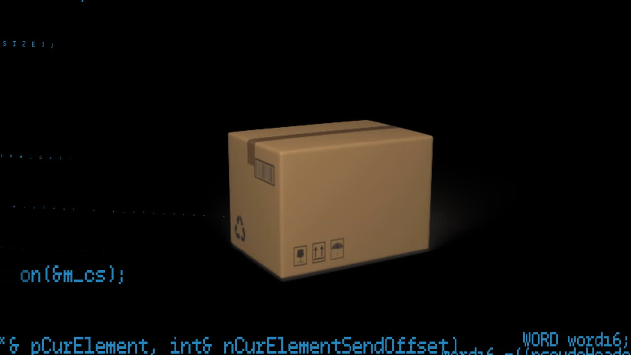 Cardboard box with animated code snippets over black background