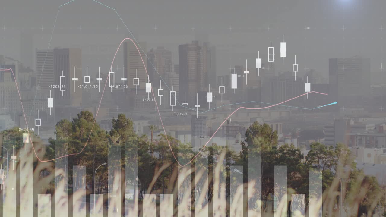 Finance chart animating on play, candles sliding right, dipping then rising, showing market rebound