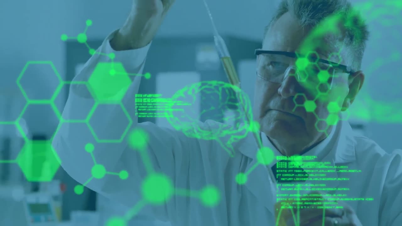 Animation of data processing over caucasian male scientist in lab