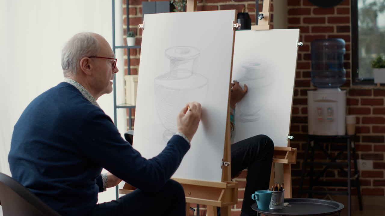 Old student using pencil to sketch vase model in creative workshop