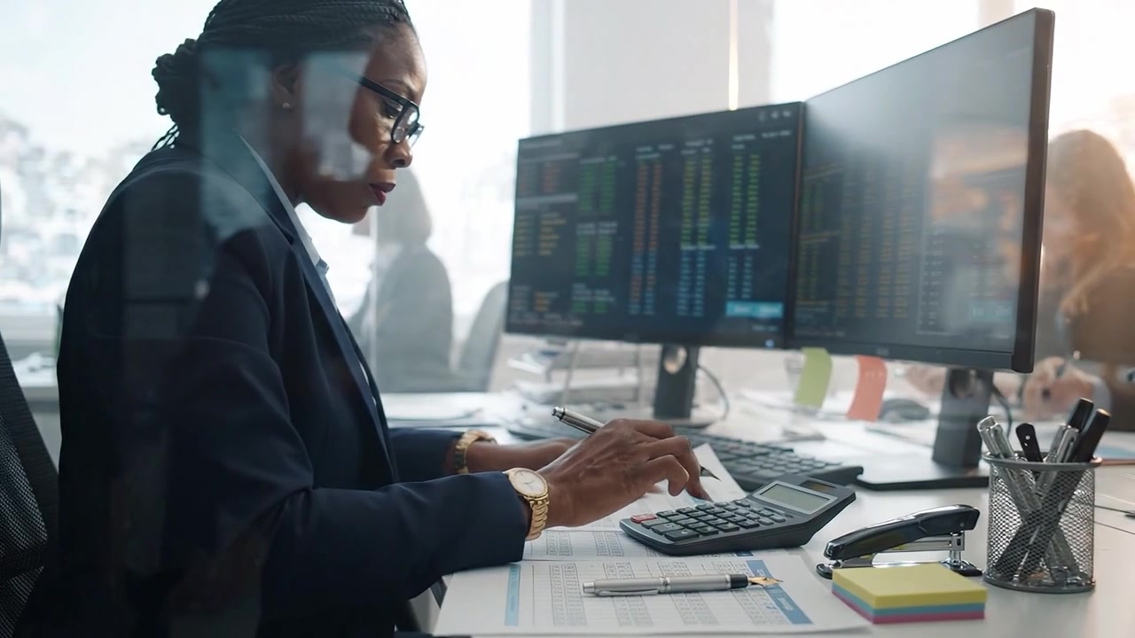 Focused Business Professional Analyzing Financial Data with Dual Monitors in Modern Office Environment, Emphasizing Productivity and Analytical Skills