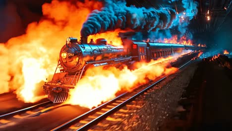 a train traveling down train tracks with flames coming out of it