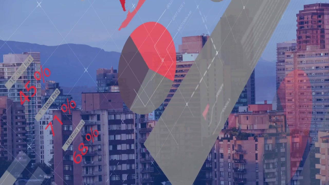 Financial Data Overlay on Modern City Skyline at Sunset