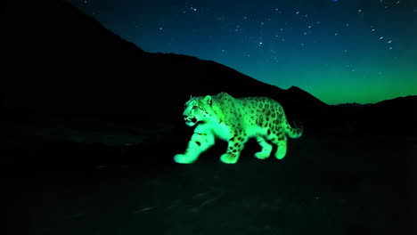 mystical green snow leopard under a starry night sky