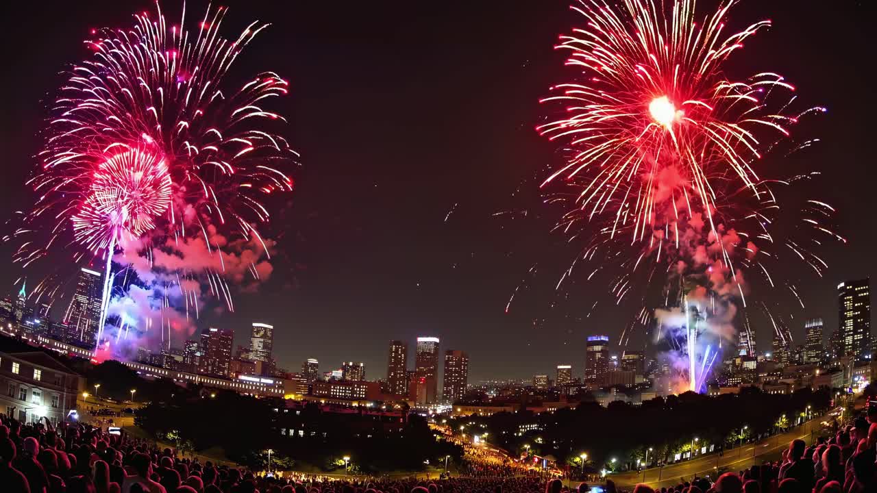 Colorful fireworks exploding over a generic city skyline by night, illuminating the dark sky and captivating a large crowd of spectators gathered to witness the spectacular display