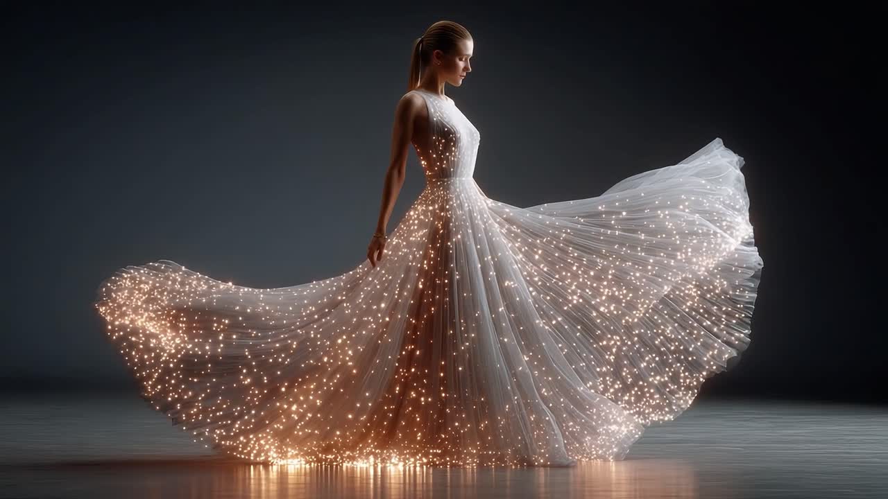 A Stunning Display of Elegance: A Woman in a Sparkling Dress Showcasing Grace and Beauty in a Captivating Performance of Light and Motion