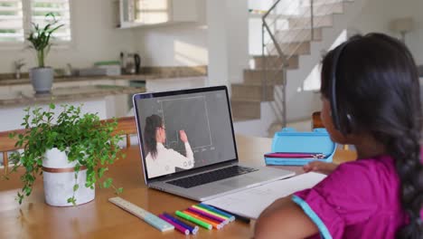 Niña-Afroamericana-Levantando-La-Mano-Mientras-Realiza-Una-Videollamada-Con-Una-Profesora-En-Una-Computadora-Portátil-En-Casa