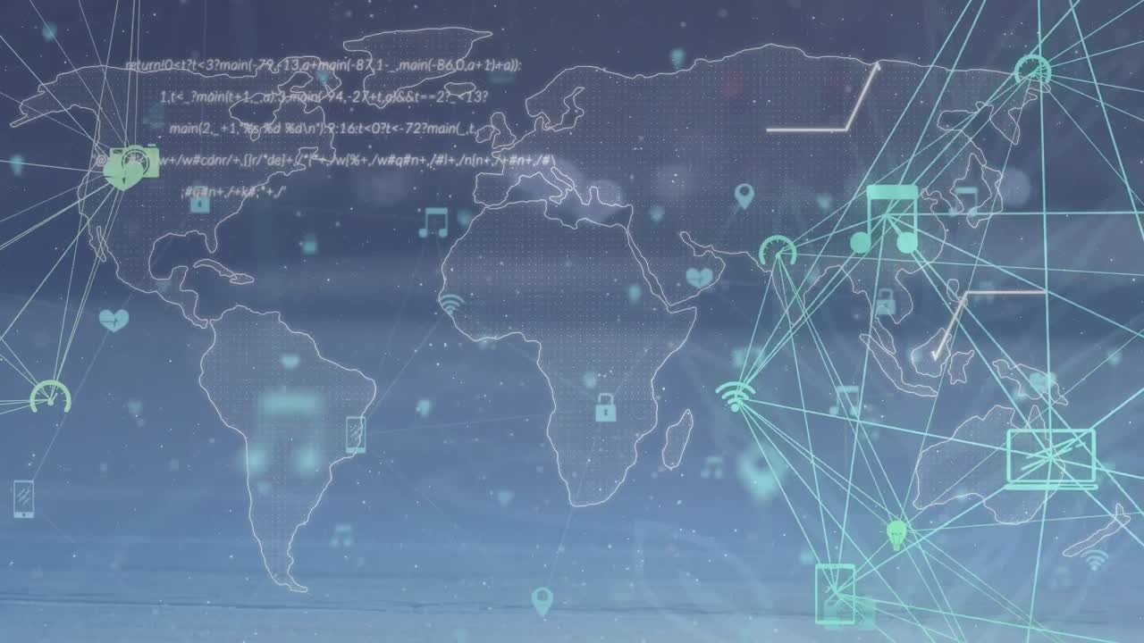 디지털 아이콘의 세계, 데이터 처리 및 파란색 배경에 대한 세계 지도의 애니메이션