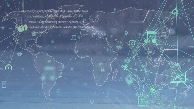 Animation of globe of digital icons, data processing and world map against blue background