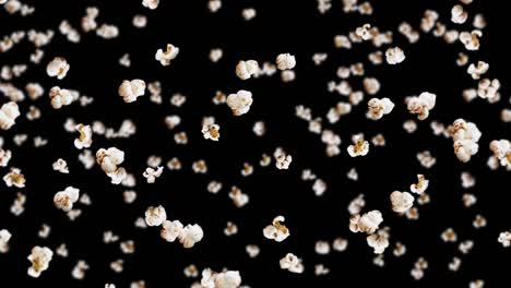 flying many popcorns on black background. white salty popcorn. healthy food. corn seed. 3d loop animation of popcorn rotating.