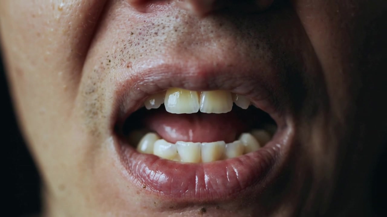 Uomo anziano che espira, separando le labbra, aprendo la bocca e articolando un discorso, mostrando denti e barba incolta.