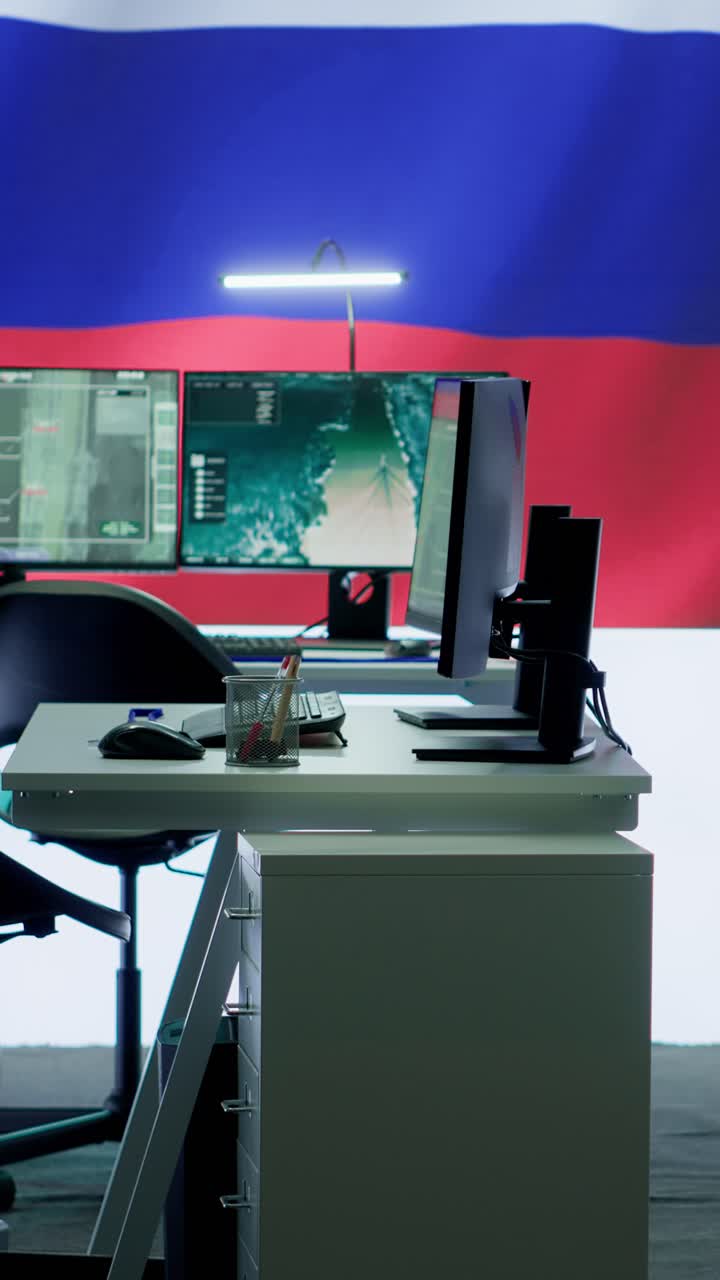 Vertical Video Empty russian army command center with a big screen showing the national flag