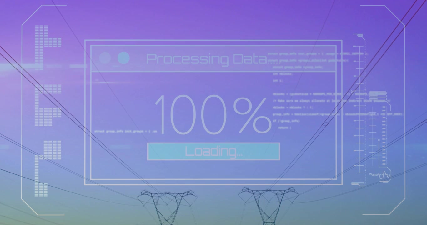 Showing data overlay updating progress 0% to 100%, glowing then fading revealing transmission lines