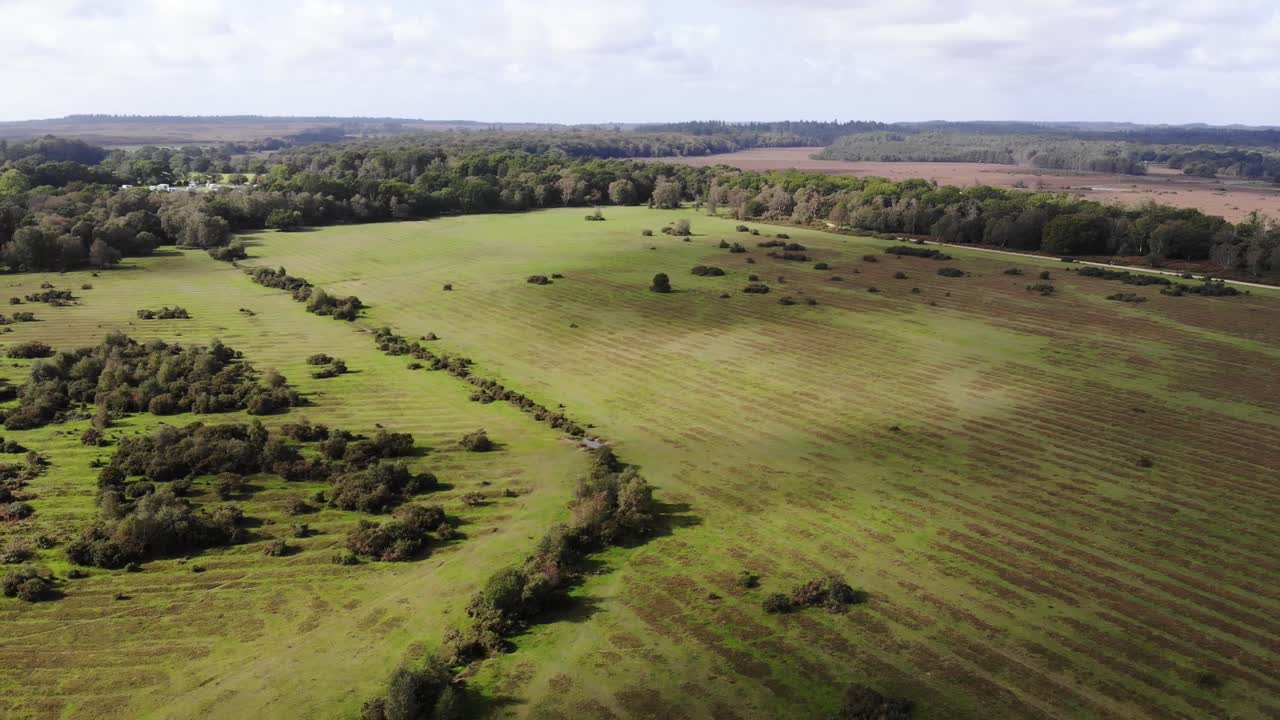 Aerial view of the beautiful landscape of the New Forest National Park in southern England, showcasing its vast greenery and unique terrain. Pan Left Shot