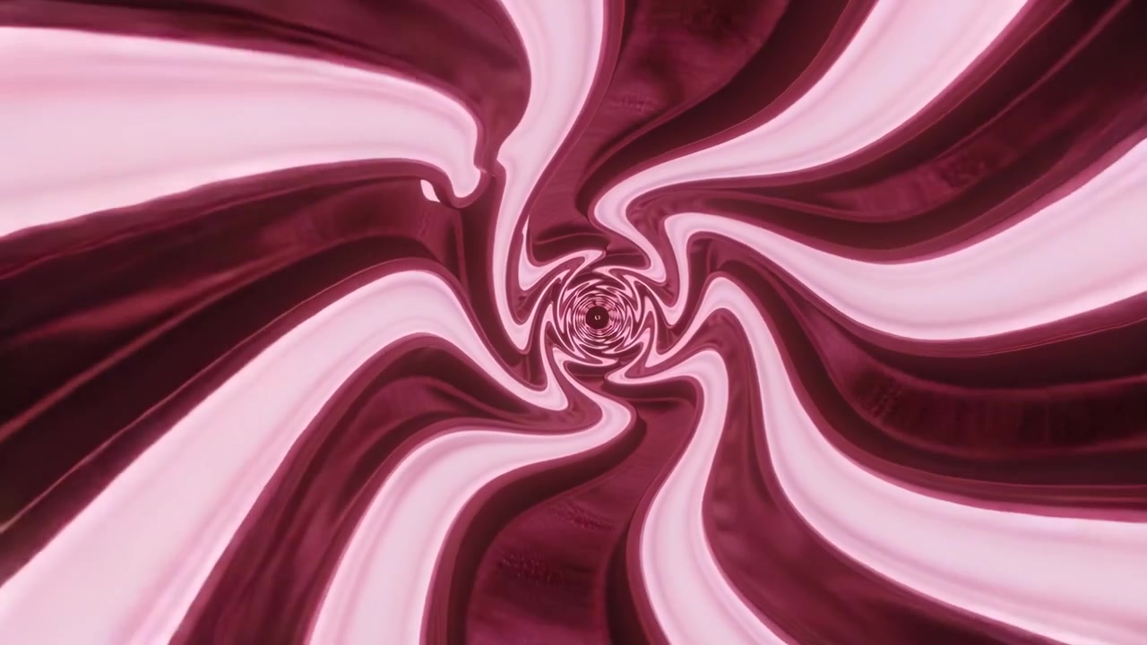 Ciclo che si riavvia, vortice a spirale nastriforme bordeaux e rosa pallido che ruota a destra, pulsante verso l'interno in astratto.