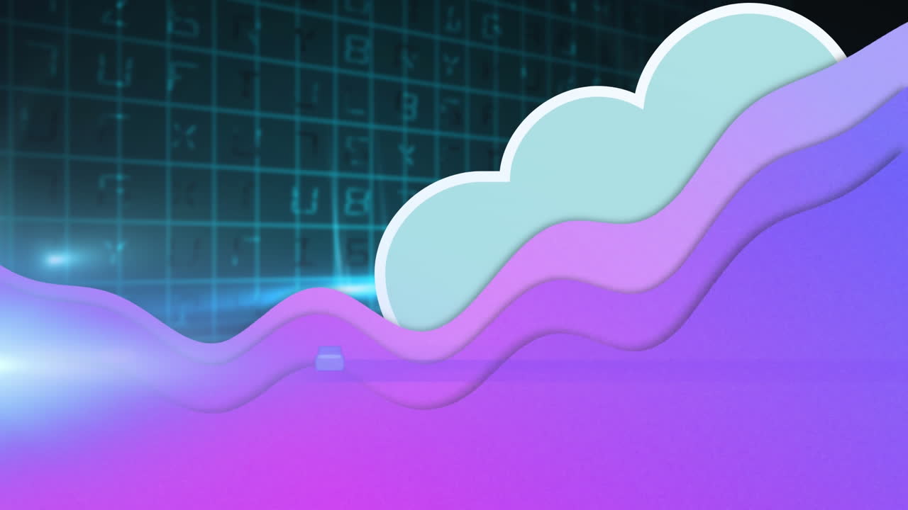 Animation of data processing over purple wave and digital cloud