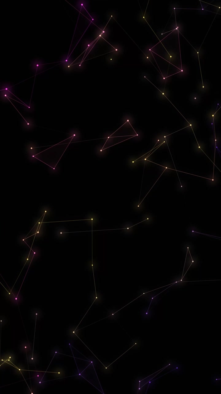 Glowing multicolor plexus network with connected dots and lines moving on dark background.