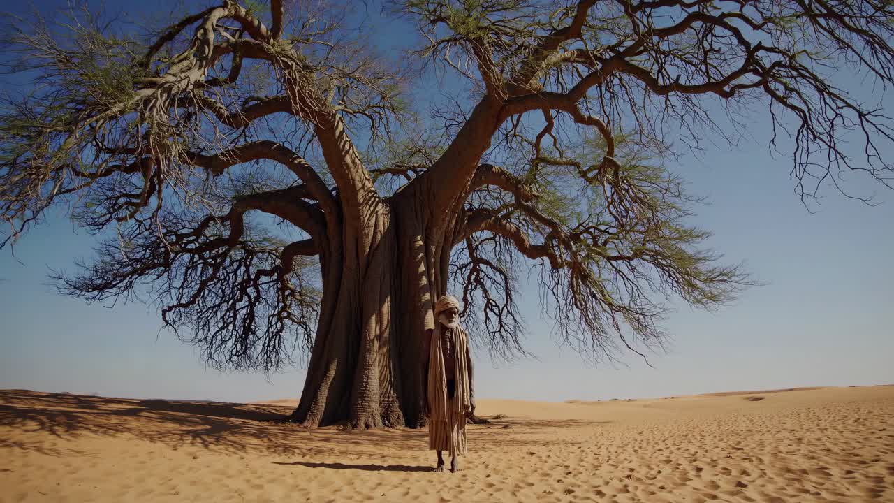 Indigenous Berber man standing beneath a majestic baobab tree in the Sahara desert, illustrating the resilience of life and the bond between humanity and nature
