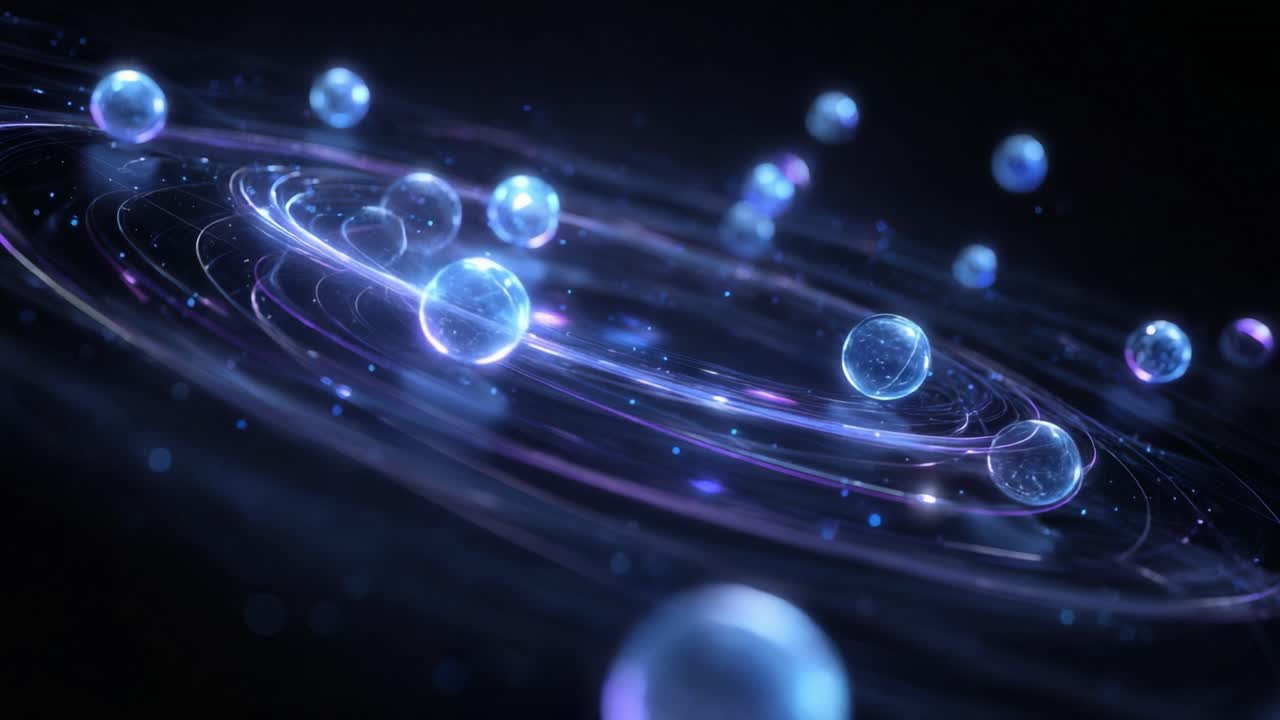 Luminous translucent spheres floating and orbiting through glowing purple and blue rings of light against a dark cosmic background, representing a conceptual universe or advanced technology