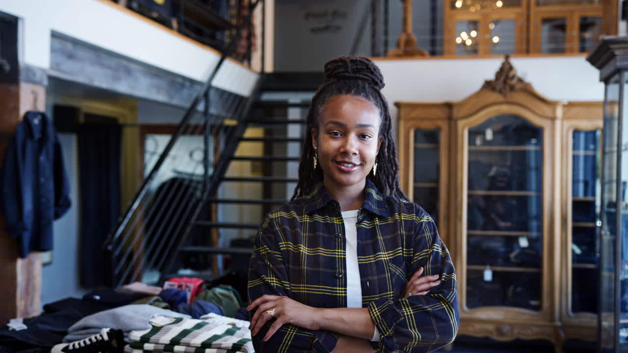 Portrait Of Smiling Female Owner Of Fashion Store Standing In Front Of Clothing Display