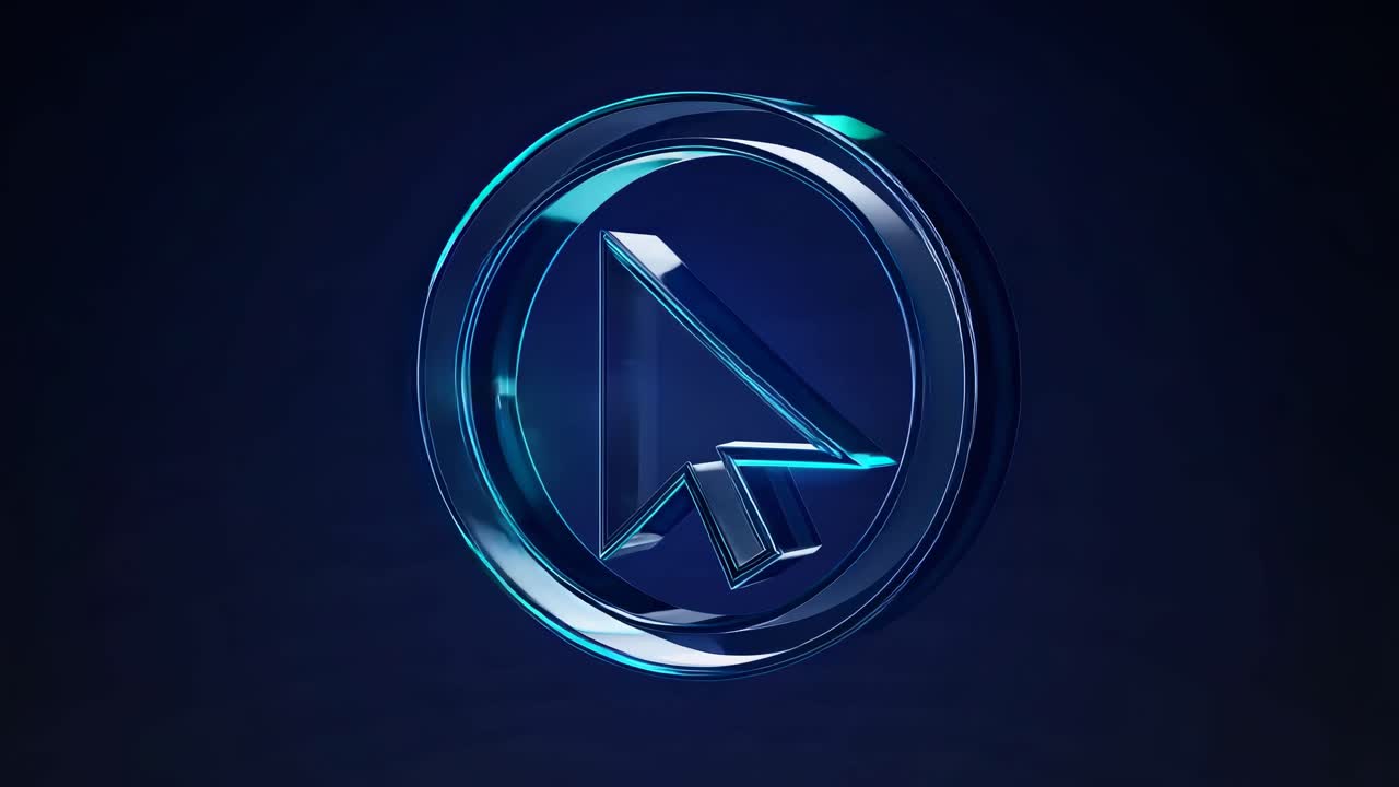 Futuristic 3D cursor icon with a metallic finish, viewed from a front angle