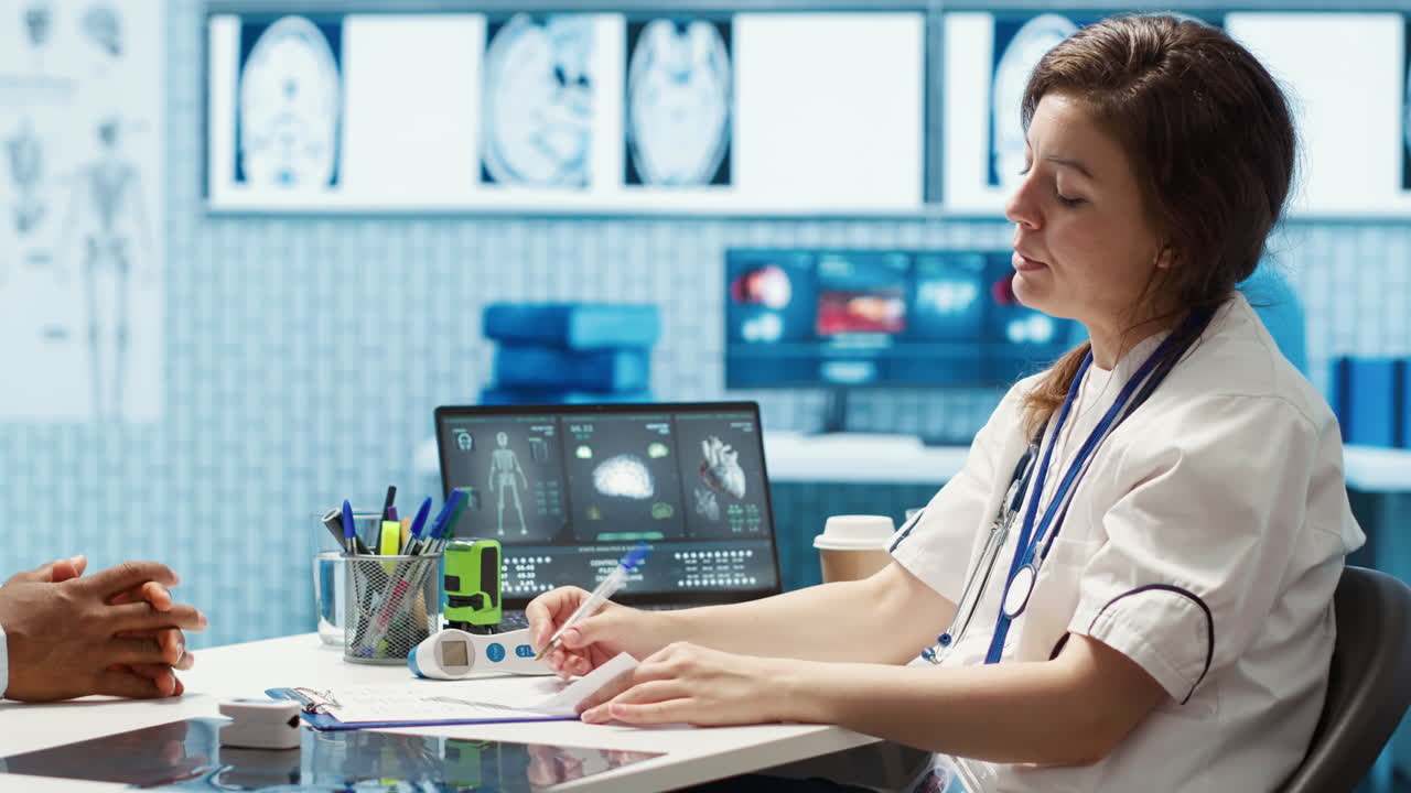 médico de cabecera que prescribe antibióticos y vitaminas a un paciente