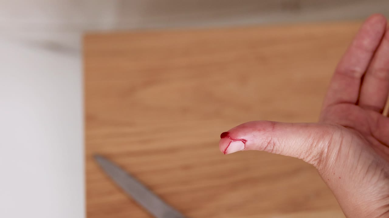 A finger with a bleeding cut is shown in a kitchen setting. The focus is on the injury and dripping blood