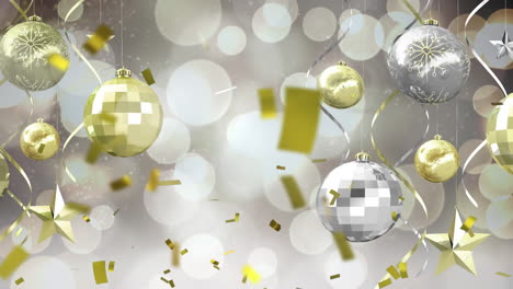 animation of confetti over christmas baubles