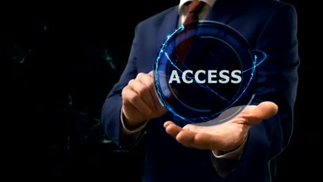 el hombre de negocios muestra el concepto de acceso holográfico en su mano.