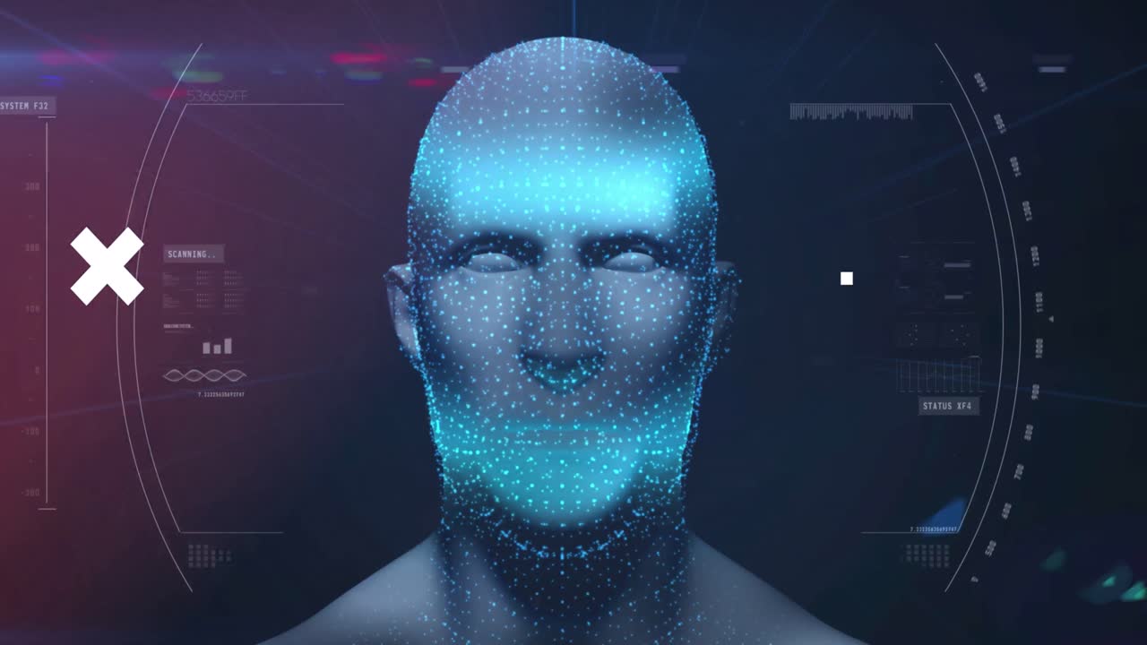 Animation of white crosses over global network, digital head interface, and green moon and landscape