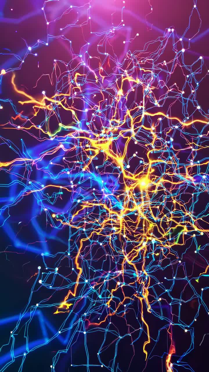 Dynamic top-down view of vibrant, electric blue and pink neural network patterns