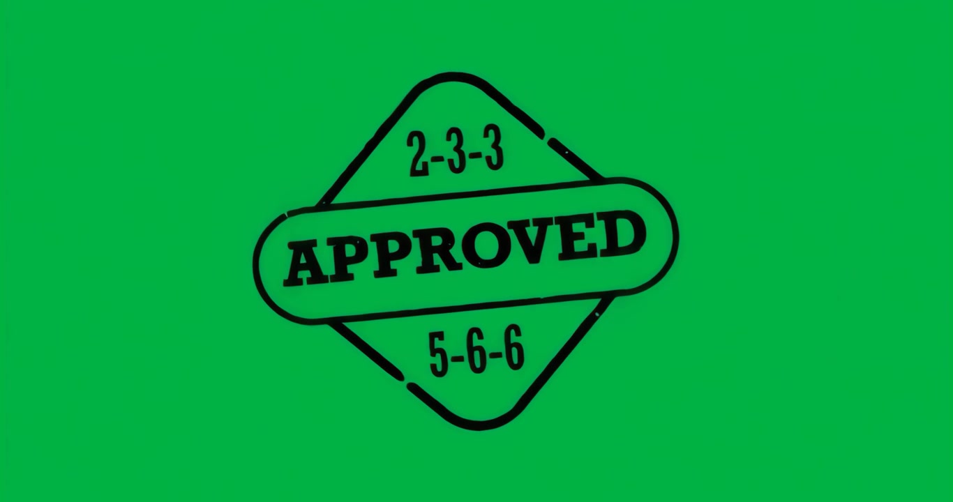Upon loading, black stamp rotating over transparent-blue backdrop showing APPROVED, numeric codes