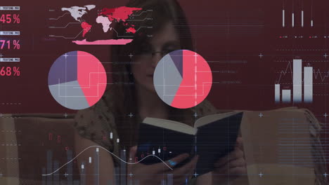 Animación-De-Diagrama,-Procesamiento-De-Datos-Y-Mapa-Mundial-Sobre-Un-Libro-De-Lectura-De-Una-Mujer-Caucásica