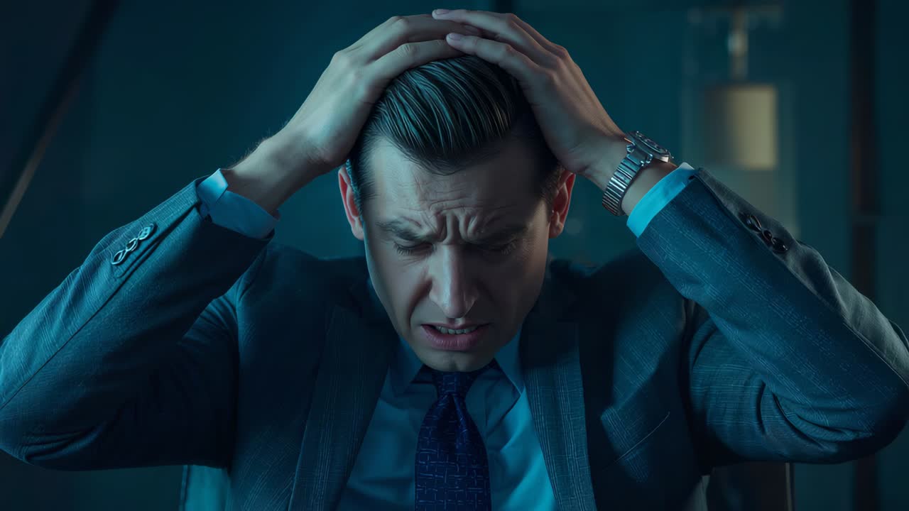 Holding head, man pressing forehead, bowing head in dim office, showing stress in suit-and-watch