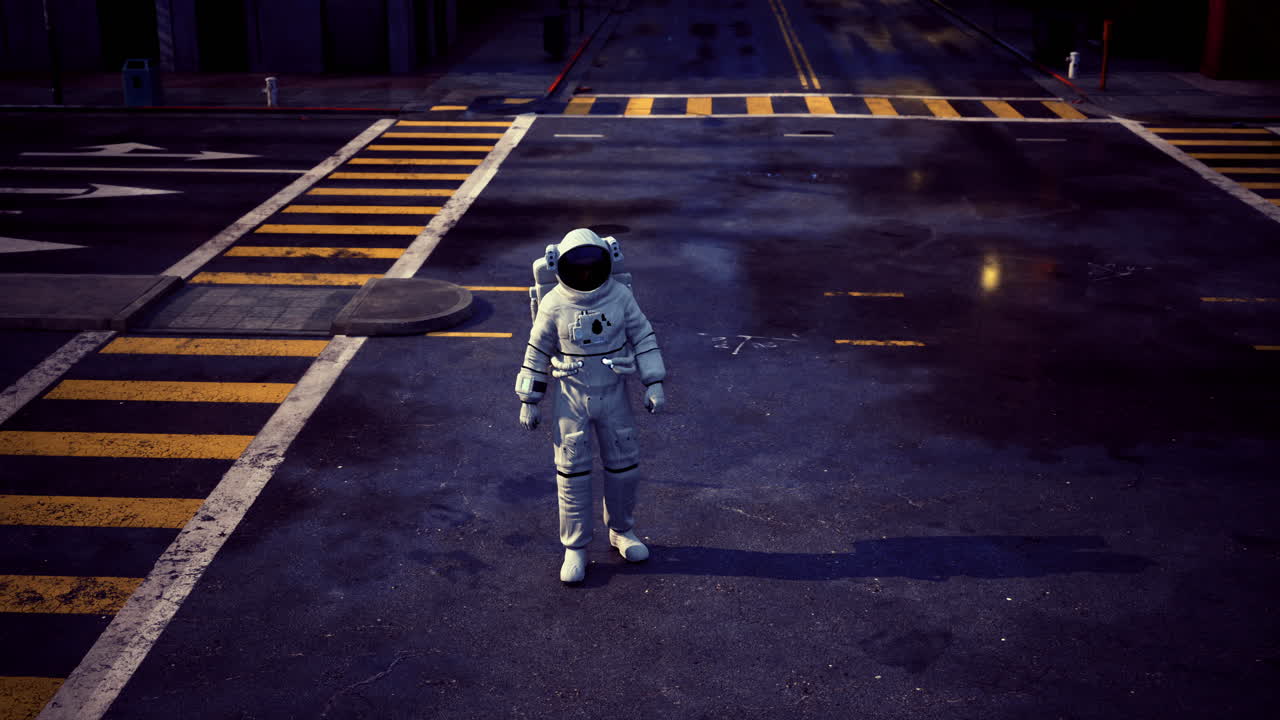 Astronaut walking on urban street at night under streetlights