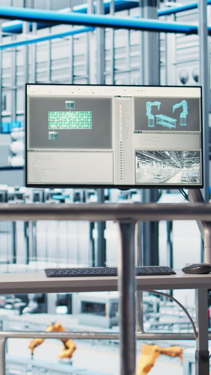 Vertical video Monitor in smart photovoltaics factory displaying system performance metrics
