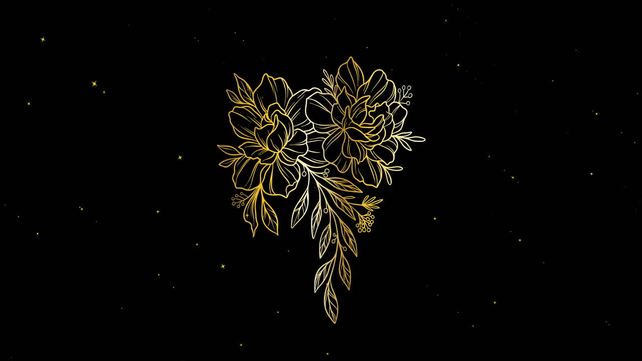 Animation einer goldenen Blumenkontur über sich bewegenden weißen Sternen auf schwarzem Hintergrund.