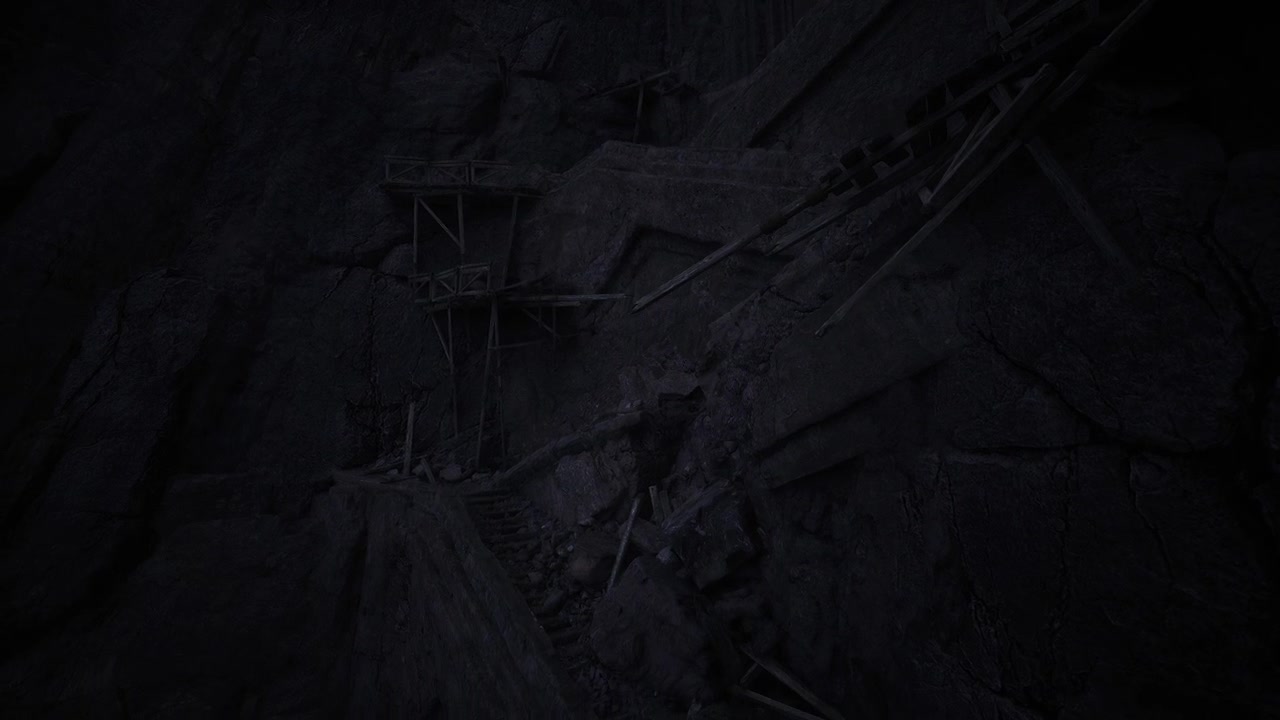 Creepy shadowy cliffs with old weathered wooden walkways and narrow ledges