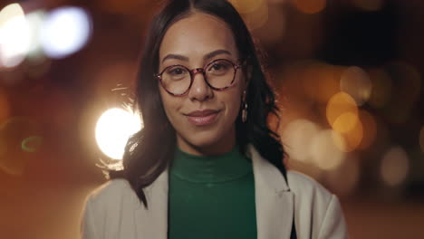 Face,-smile-and-business-woman-in-city-at-night