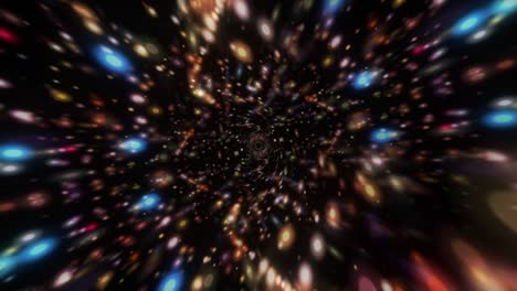 luces brillantes de colores partículas túnel espacial. 4k 3d visualizador abstracto bucle sin costuras de partículas voladoras en el túnel. túnel hiperespacial abstracto a través del tiempo y el espacio animación. ciencia ficción interestelar.