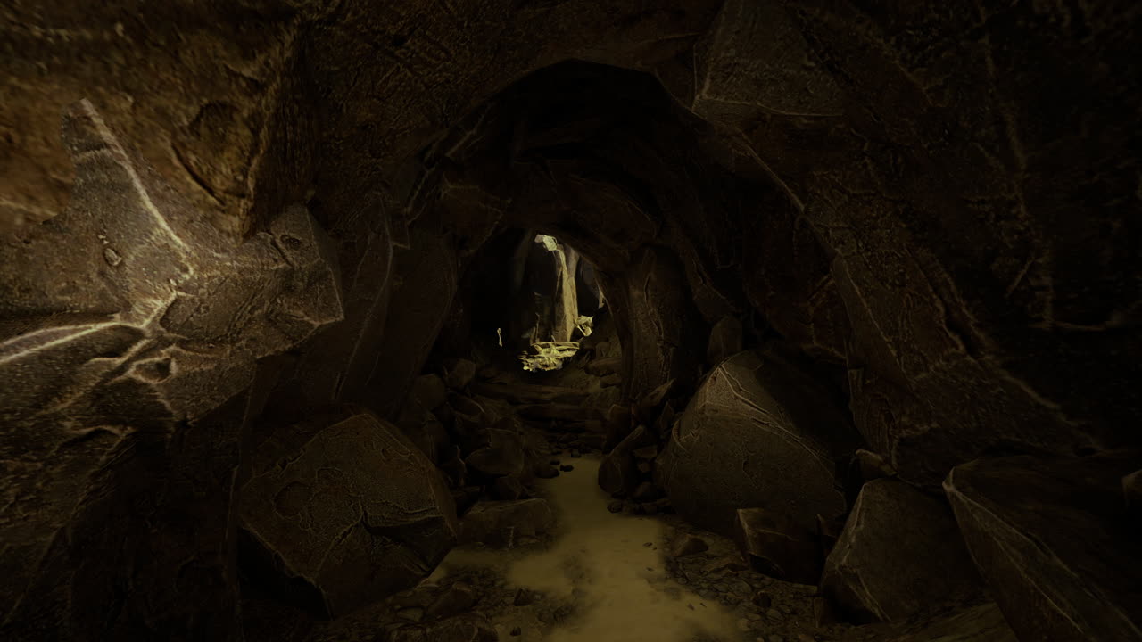 Exploring a mysterious underground cave filled with rocks and shadows