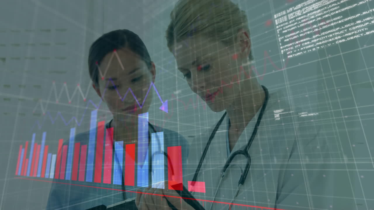 Doctors analyzing data on tablet over financial graphs and charts animation