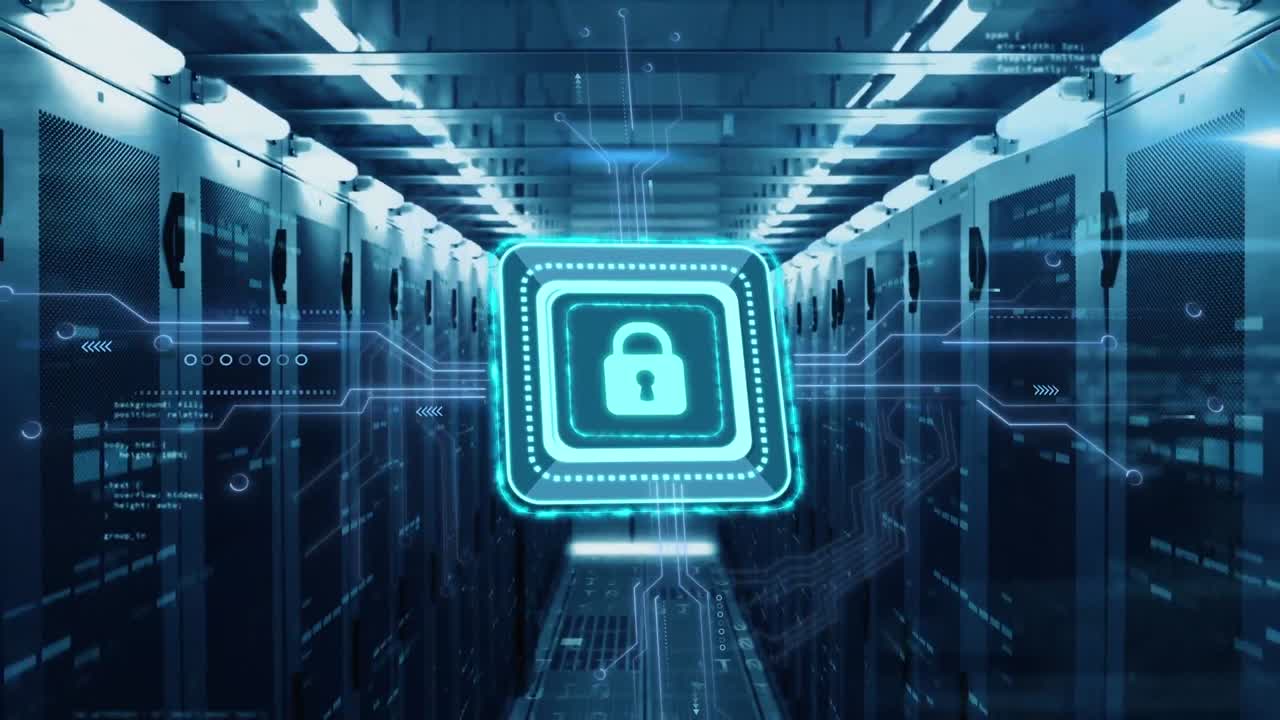 Animation of data processing with online security padlock over computer circuit board