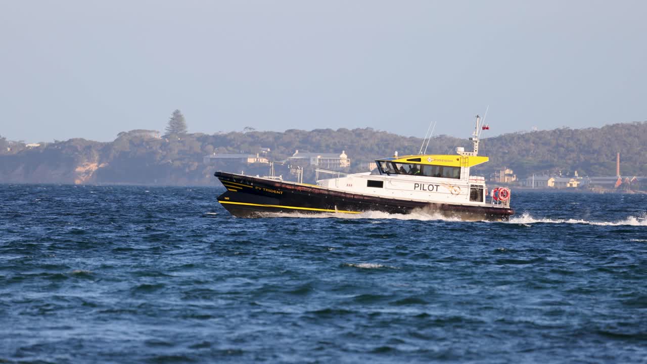 A pilot boat cruises through Bellarine's coastal waters under clear skies, showcasing maritime navigation and safety operations