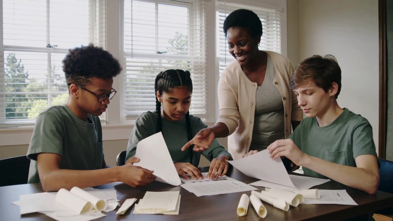 Pointing tutor guiding three students sorting papers and scrolls at study table for project review