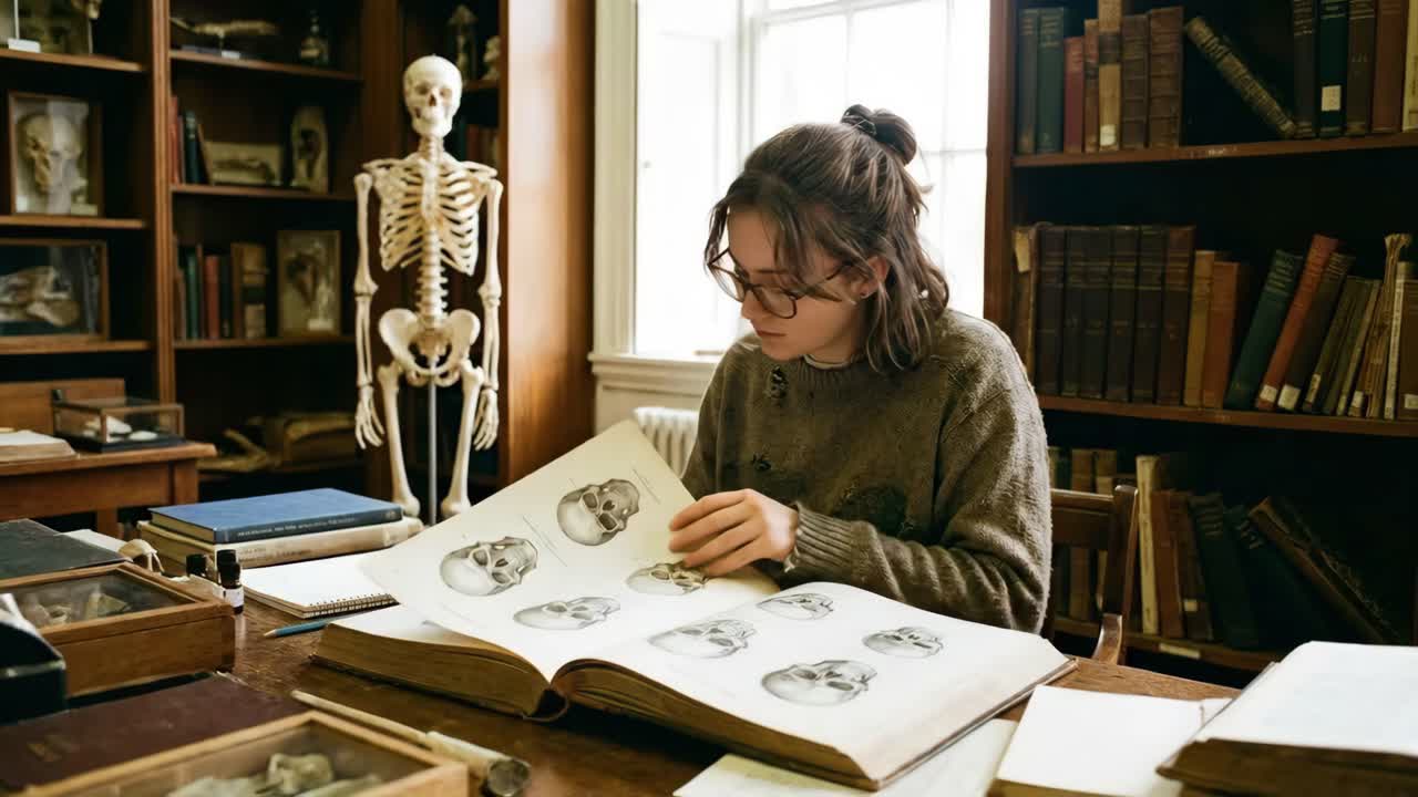 Žena studuje anatomii v knihovně